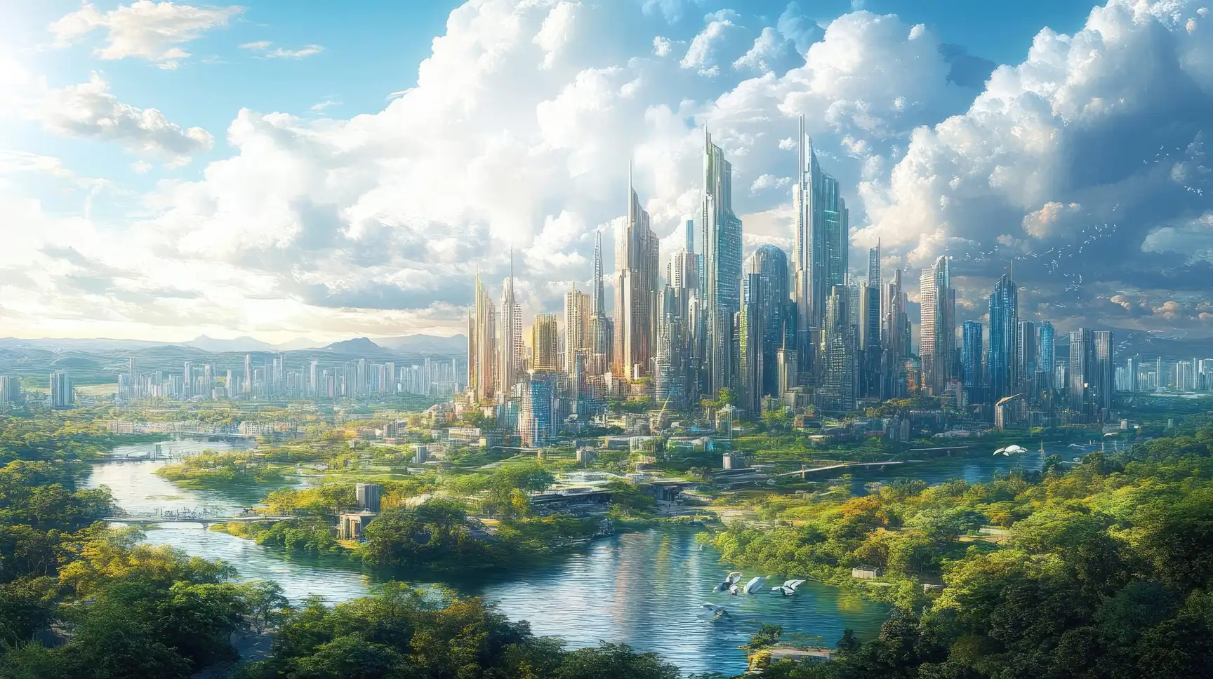 Ville futuriste mêlant nature et innovation